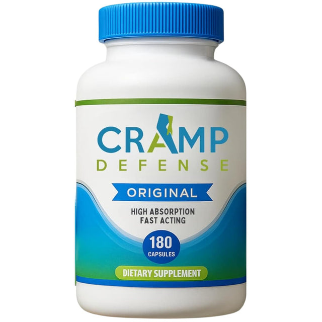 Frasco de Cramp Defense Original con información del suplemento y presentación de 180 cápsulas
