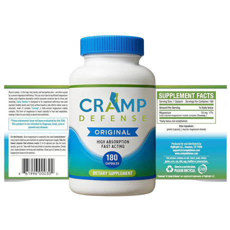 Imagen promocional de Cramp Defense Original con frasco de 180 cápsulas