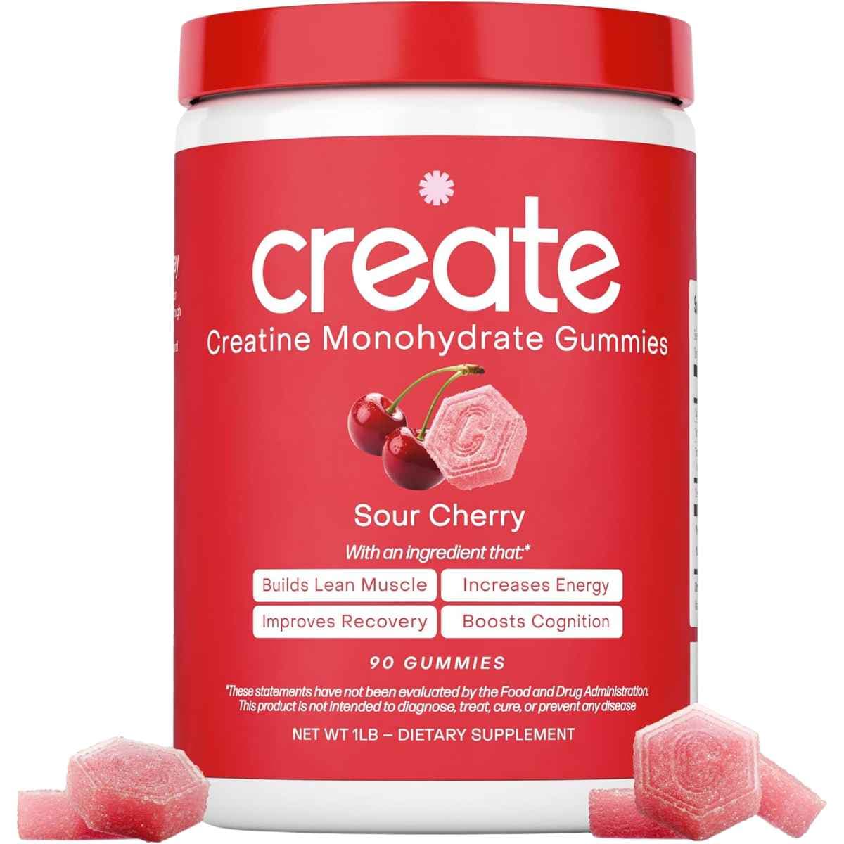 Frasco de suplemento Create Monohidrato de Creatina sabor Cereza 90 gomitas