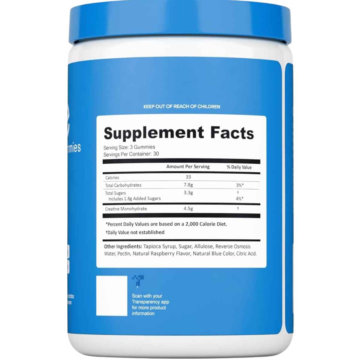 Tabla nutricional del suplemento Create Monohidrato de Creatina sabor Frambuesa Azul 90 gomitas