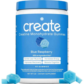 Frasco de suplemento Create Monohidrato de Creatina sabor Frambuesa Azul 90 gomitas