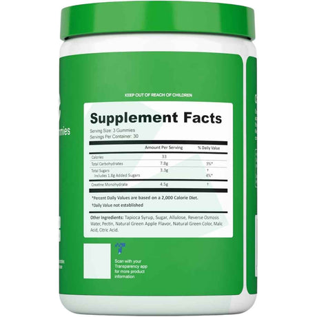 Tabla nutricional del suplemento Create Monohidrato de Creatina sabor Manzana Verde 90 gomitas