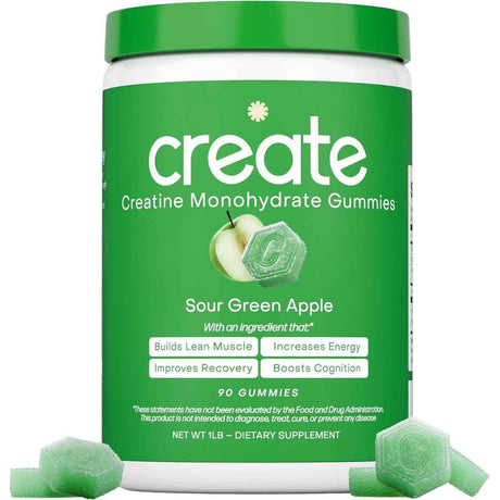 Frasco de suplemento Create Monohidrato de Creatina sabor Manzana Verde 90 gomitas