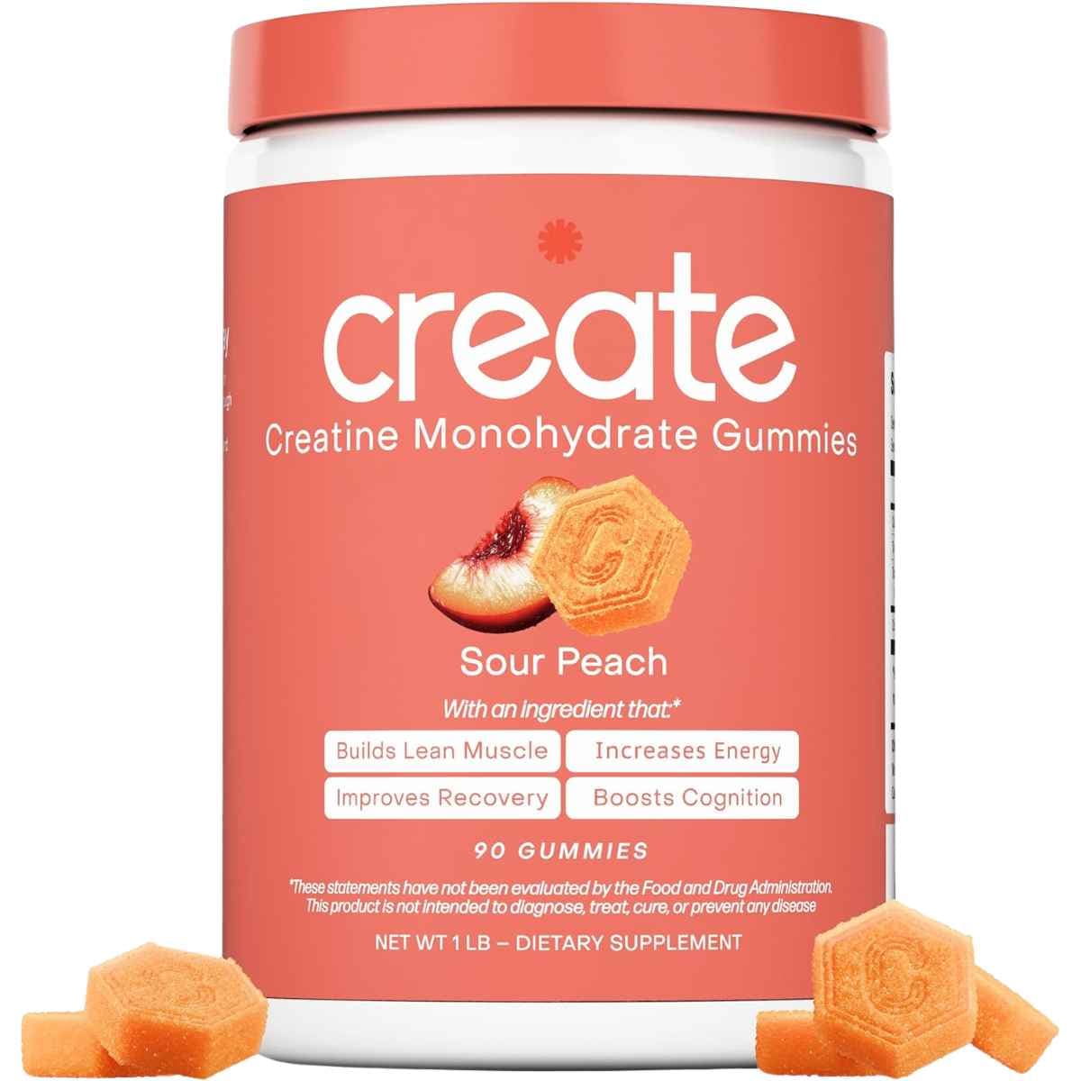 Frasco de suplemento Create Monohidrato de Creatina sabor Melocotón 90 gomitas