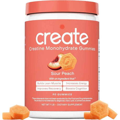 Frasco de suplemento Create Monohidrato de Creatina sabor Melocotón 90 gomitas