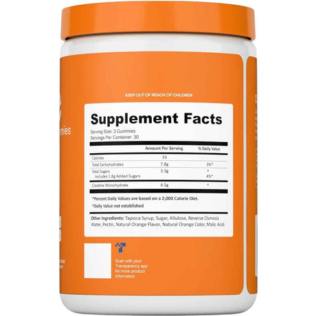 Tabla nutricional del suplemento Create Monohidrato de Creatina sabor Naranja 90 gomitas