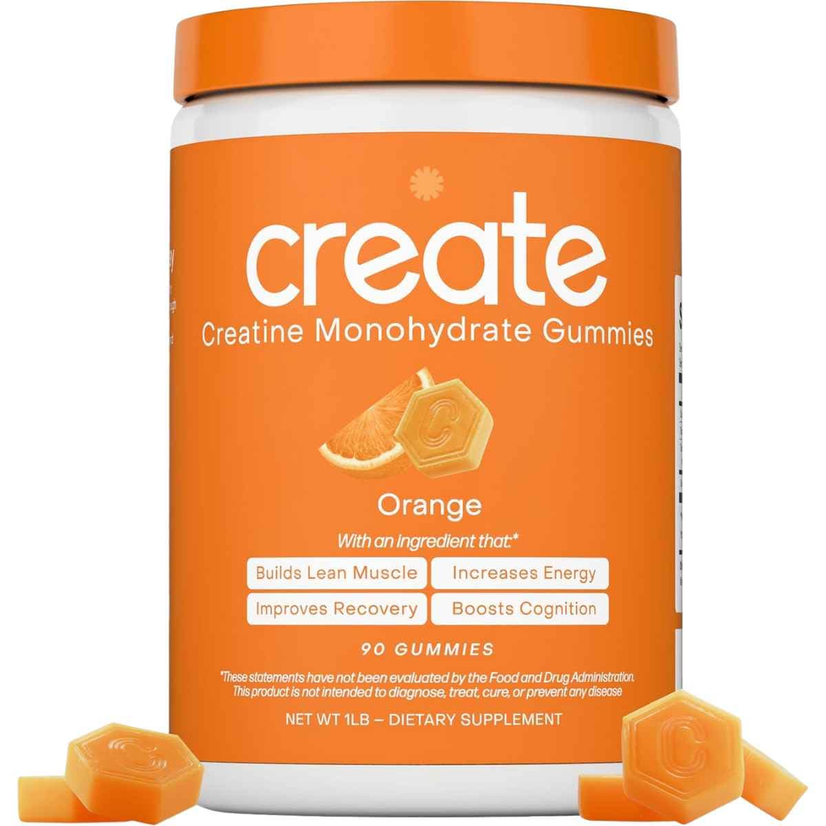 Frasco de suplemento Create Monohidrato de Creatina sabor Naranja 90 gomitas