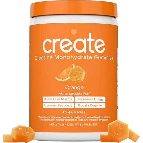 Frasco de suplemento Create Monohidrato de Creatina sabor Naranja 90 gomitas