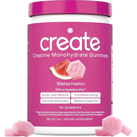 Frasco de suplemento Create Monohidrato de Creatina sabor Sandía 90 gomitas
