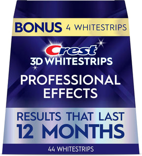 Caja frontal de Crest 3D Whitestrips Professional Effects con 44 tiras blanqueadoras.