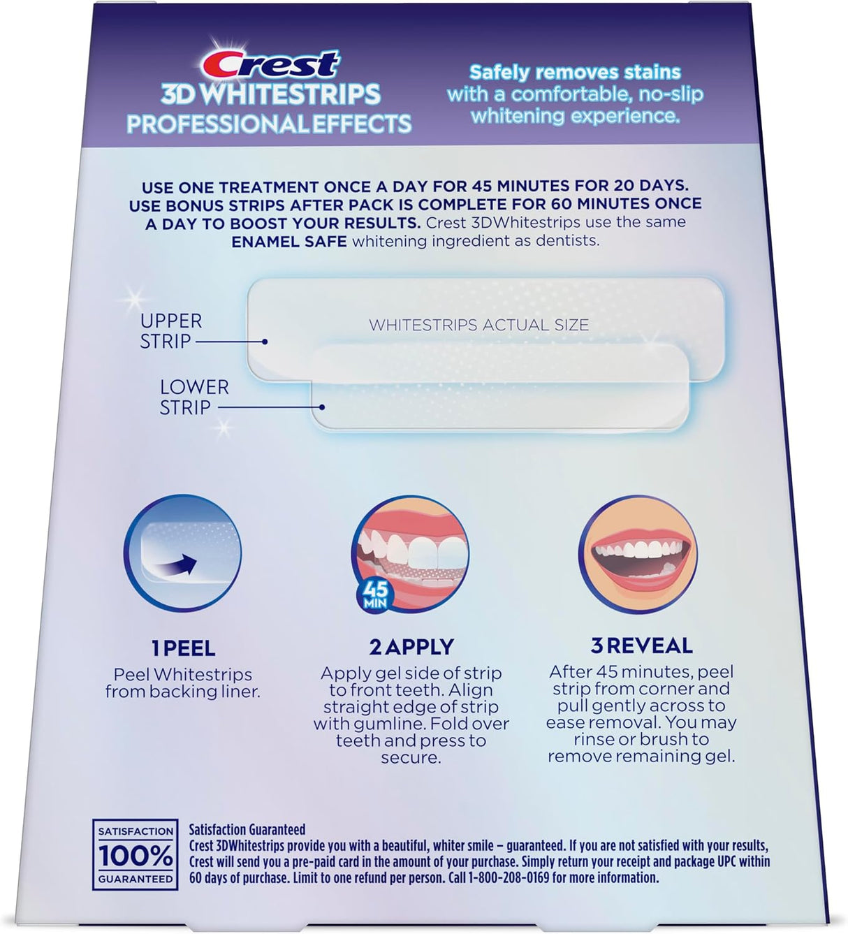 Parte posterior de Crest 3D Whitestrips Professional Effects con instrucciones de uso y tamaño de las tiras.