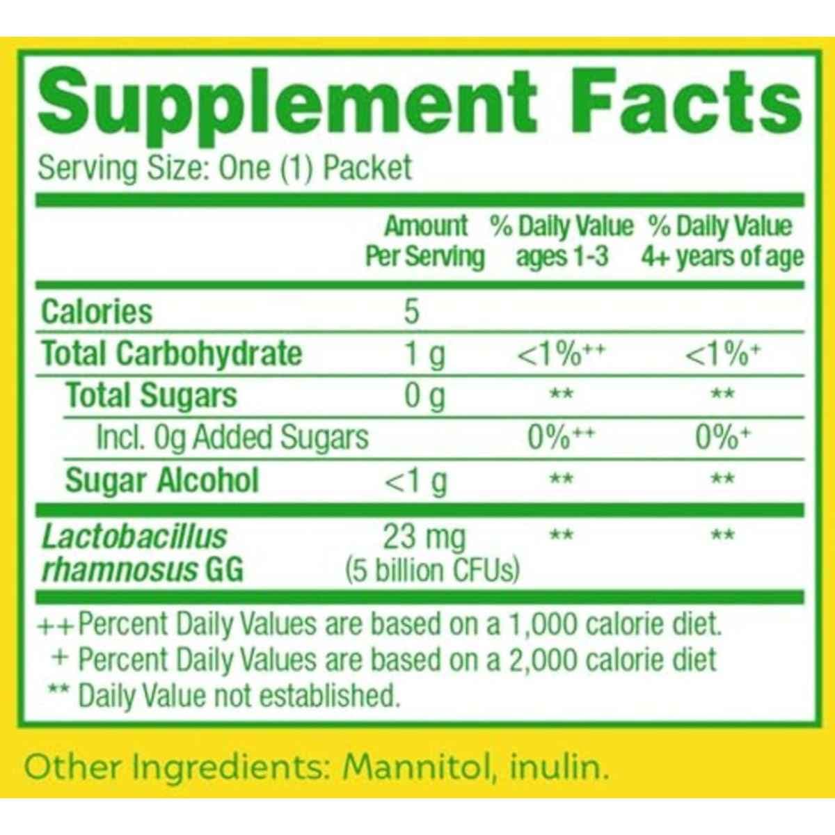 Tabla nutricional del suplemento Culturelle - Lactobacillus rhamnosus GG (5 billones CFUs - 30 Sobres de Polvo)