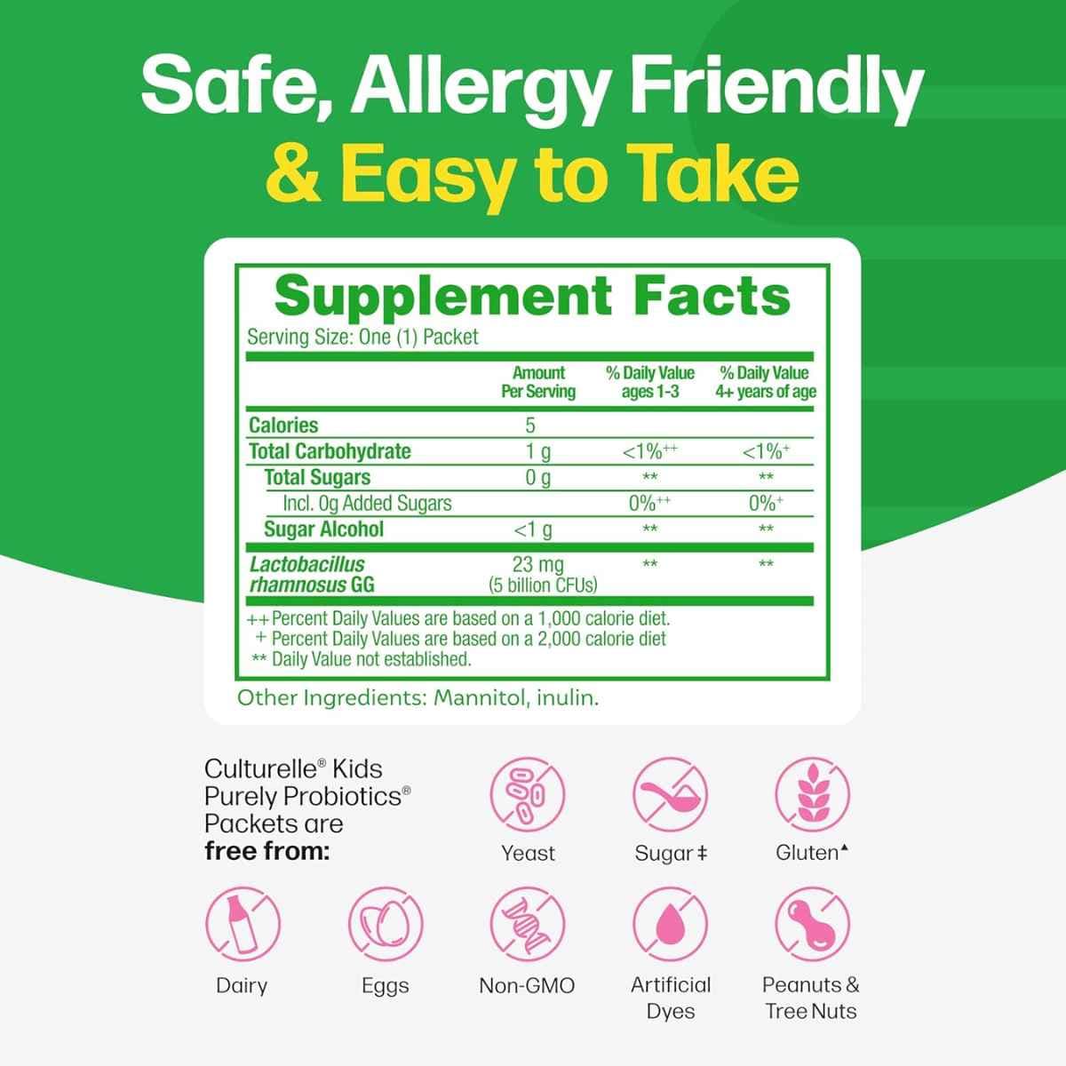 Tabla nutricional del suplemento Culturelle - Lactobacillus rhamnosus GG (5 billones CFUs - 50 Sobres de Polvo)