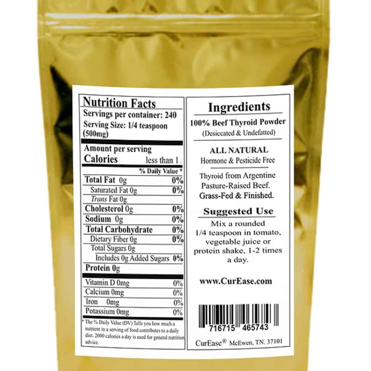 Tabla nutricional del suplemento CurEase Tiroides Bovina de Res Argentina 120 g