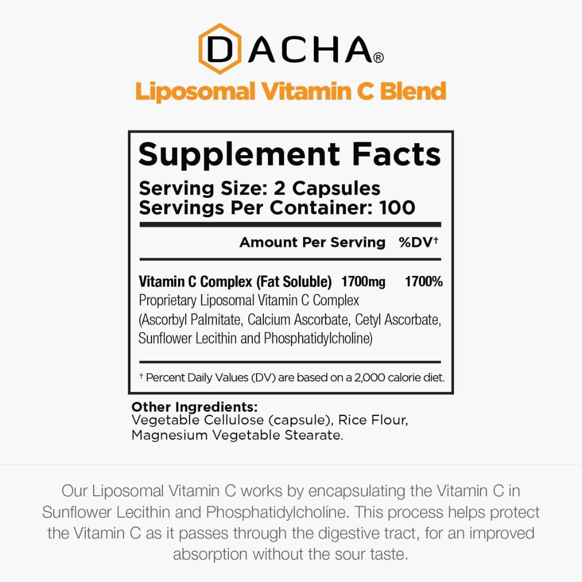 Tabla nutricional del suplemento DACHA Vitamina C Liposomal 200 cápsulas