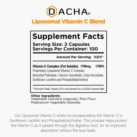 Tabla nutricional del suplemento DACHA Vitamina C Liposomal 200 cápsulas