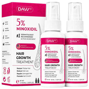 DAVV Minoxidil 5 % para el crecimiento capilar en spray, caja y dos frascos de 60 mL, vista frontal
