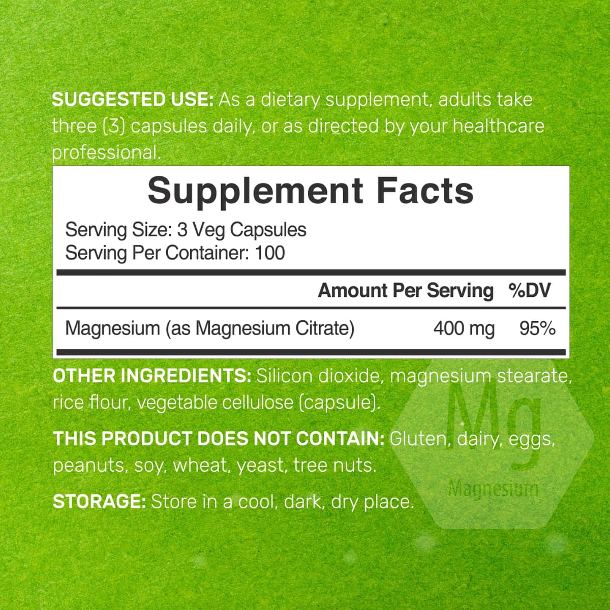 Tabla nutricional del suplemento Deal Supplement Citrato de Magnesio 400 mg 300 Cápsulas Vegetarianas