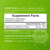 Tabla nutricional del suplemento Deal Supplement Citrato de Magnesio 400 mg 300 Cápsulas Vegetarianas