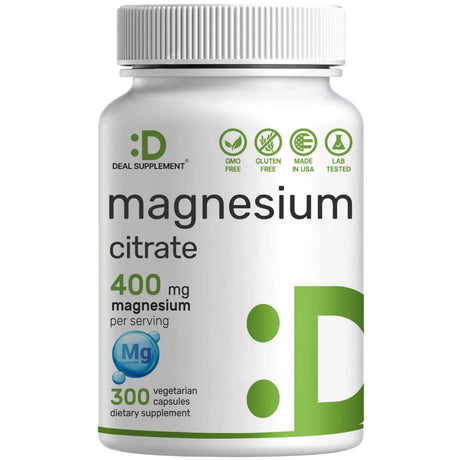 Frasco de suplemento Deal Supplement Citrato de Magnesio 400 mg 300 Cápsulas Vegetarianas