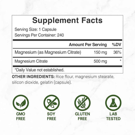 Tabla nutricional del suplemento DEAL SUPPLEMENT® Citrato de Magnesio 500 mg - 240 Cápsulas