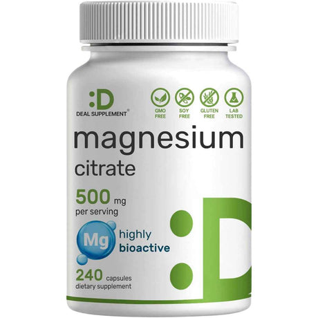 Frasco de suplemento DEAL SUPPLEMENT® Citrato de Magnesio 500 mg - 240 Cápsulas