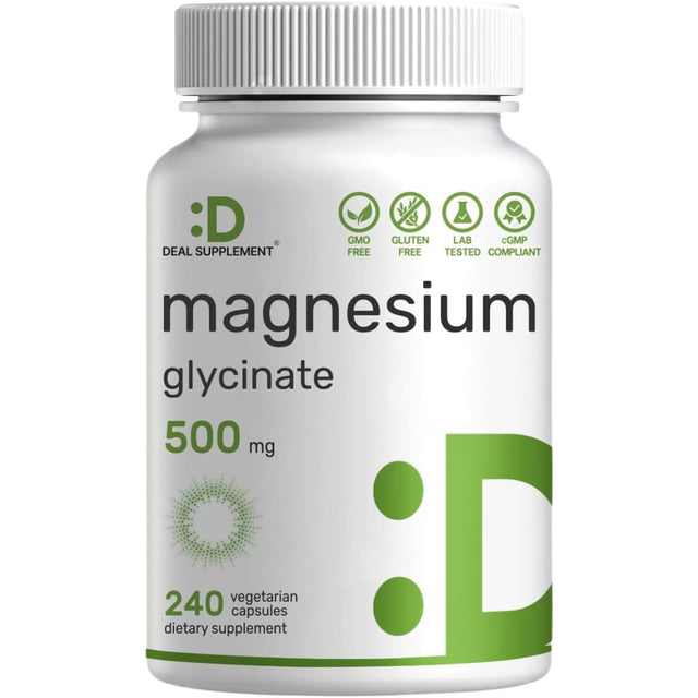 Frasco de suplemento Deal Supplement Glicinato de Magnesio 500 mg 240 cápsulas