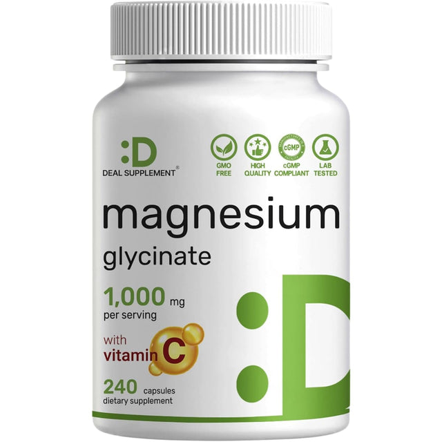 Frasco frontal de Deal Supplement glicinato de magnesio con vitamina C en presentación de 240 cápsulas