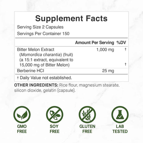 Tabla nutricional del suplemento Deal Supplement Melón Amargo con Berberina 15.000 mg 300 cápsulas