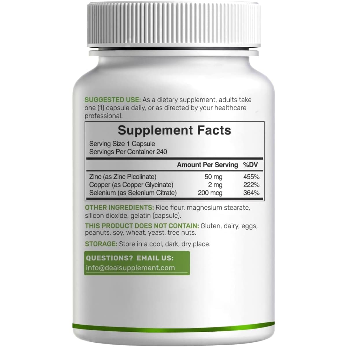 Tabla nutricional del suplemento Deal Supplement Picolinato de Zinc 240 cápsulas