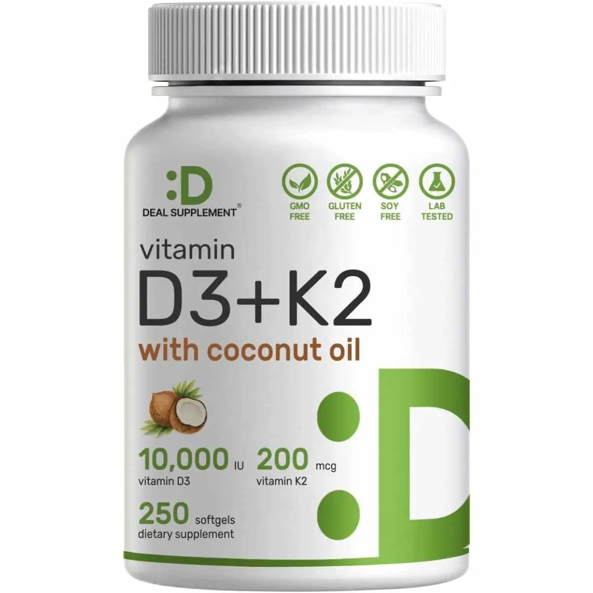 Vitamina D3 con K2 - 10000 IU - 250 Cápsulas Blandas con Aceite de Coco