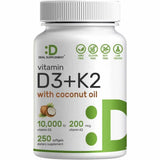 Vitamina D3 con K2 - 10000 IU - 250 Cápsulas Blandas con Aceite de Coco