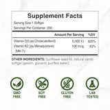 Tabla nutricional del suplemento Deal Supplement Vitamina D3 + K2 5000 UI 100 mcg 250 Cápsulas Blandas