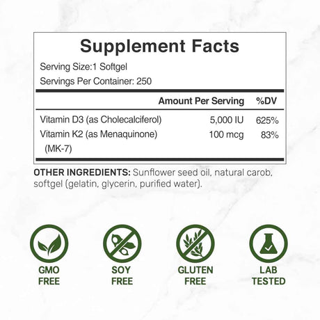 Tabla nutricional del suplemento Deal Supplement Vitamina D3 + K2 5000 UI 100 mcg 250 Cápsulas Blandas