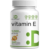 Frasco del suplemento Deal Supplement Vitamina E en cápsulas blandas, presentación de 240 unidades.