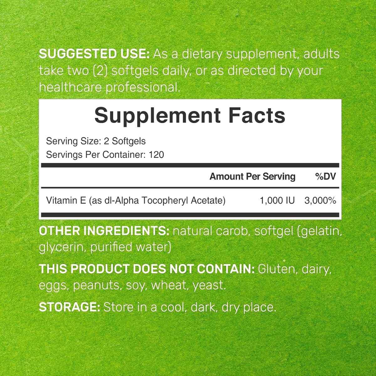 Etiqueta del suplemento Deal Supplement Vitamina E con información nutricional, tamaño de porción y cantidad por envase.