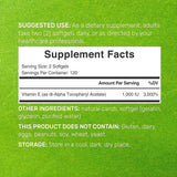 Etiqueta del suplemento Deal Supplement Vitamina E con información nutricional, tamaño de porción y cantidad por envase.