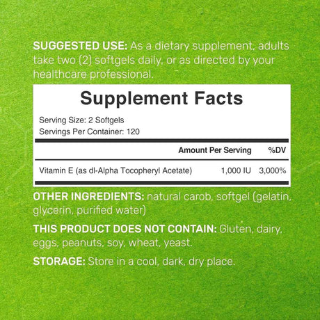 Etiqueta del suplemento Deal Supplement Vitamina E con información nutricional, tamaño de porción y cantidad por envase.