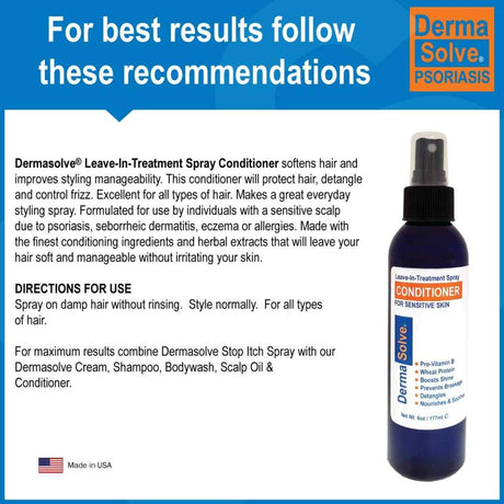 Etiqueta con información y modo de uso del Acondicionador Derma Solve en Spray para Piel Sensible 177 ml