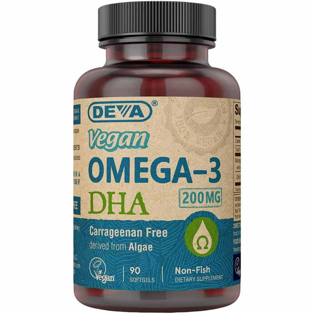 Frasco frontal de DEVA omega 3 vegano DHA de algas de 200 mg por cápsula blanda y 90 cápsulas blandas.