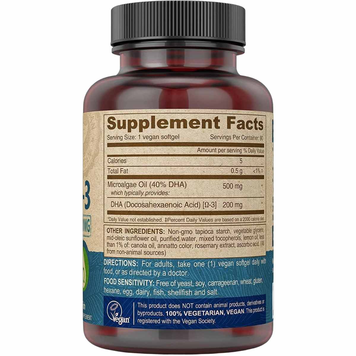 Información del suplemento de DEVA omega 3 vegano DHA de algas con 200 mg de DHA por cápsula blanda.