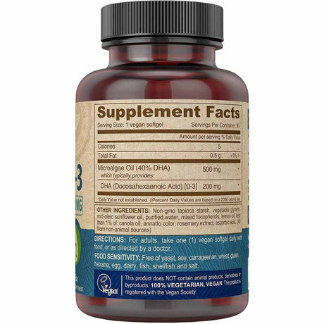 Información del suplemento de DEVA omega 3 vegano DHA de algas con 200 mg de DHA por cápsula blanda.