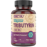 Frasco frontal de DEVA tributirina de 500 mg, presentación de 90 cápsulas vegetales