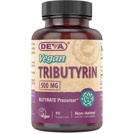Frasco frontal de DEVA tributirina de 500 mg, presentación de 90 cápsulas vegetales