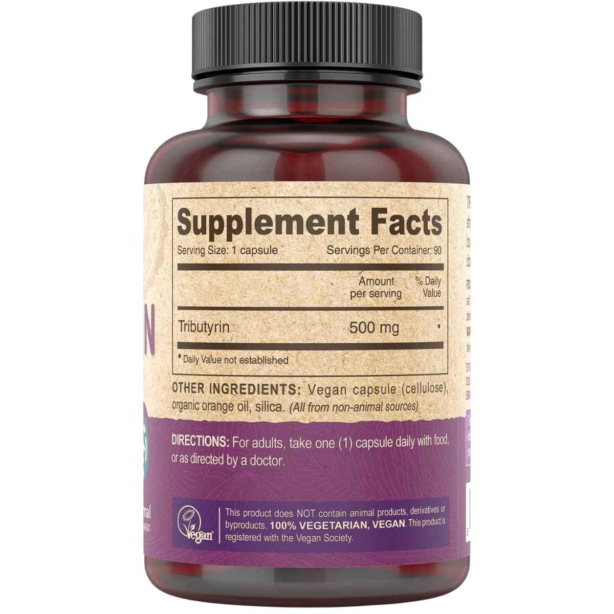 Información del suplemento de DEVA tributirina con porción de una cápsula y 500 mg por porción