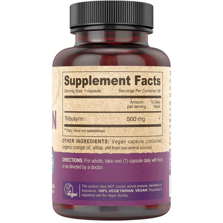 Información del suplemento de DEVA tributirina con porción de una cápsula y 500 mg por porción