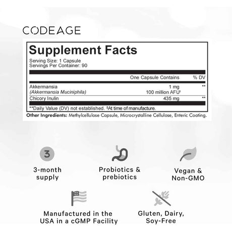 Codeage  Akkermansia Probiótico 100 Mil Millones CFU - 90 Cápsulas Vegetales - Tabla Nutricional - Haz Tu Pedido