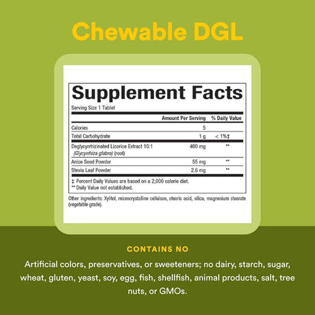 Tabla nutricional del suplemento DGL Extracto de Raíz de Regaliz Desglicirrizinado 180 tabletas masticables