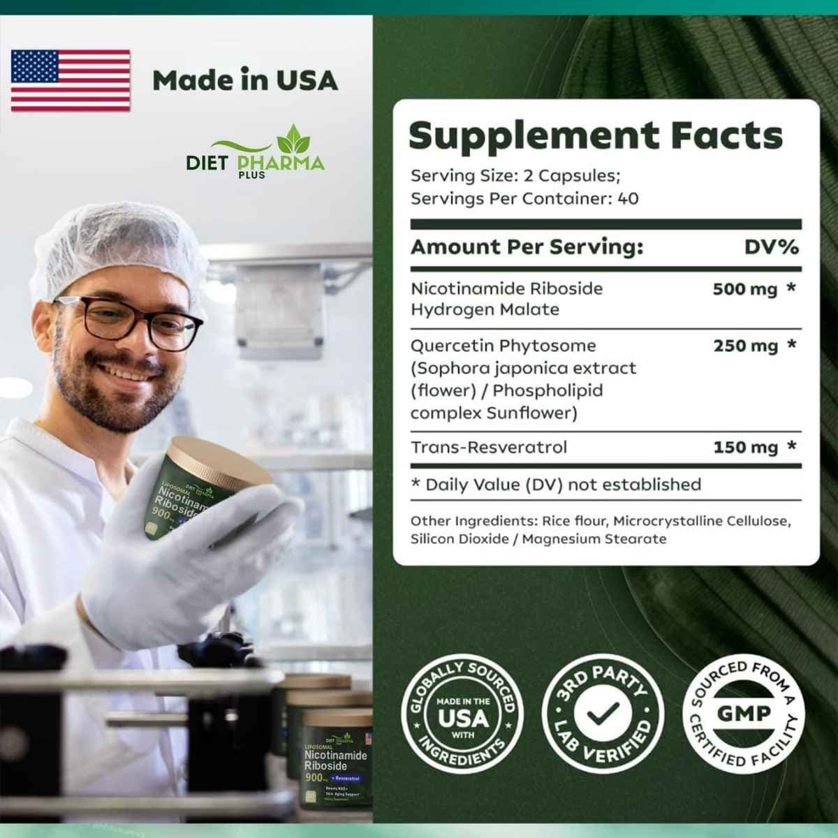 Tabla nutricional del suplemento Diet Pharma Plus Complejo de Ribósido de Nicotinamida 80 cápsulas
