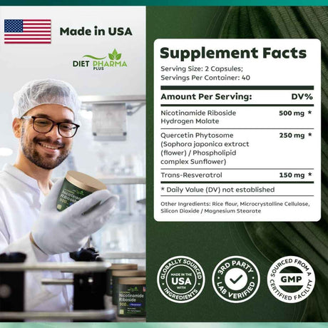 Tabla nutricional del suplemento Diet Pharma Plus Complejo de Ribósido de Nicotinamida 80 cápsulas
